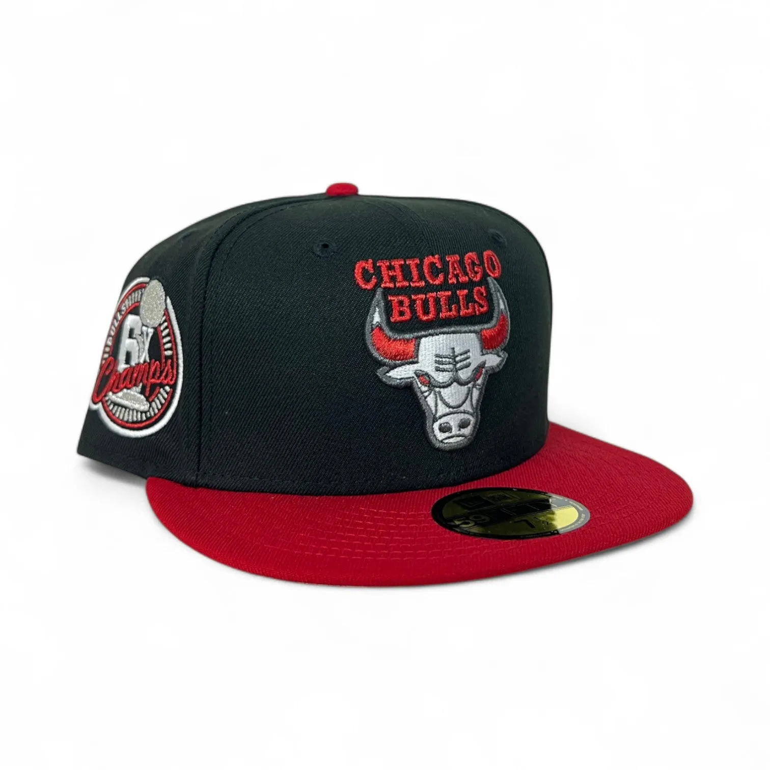 Black Chicago Bulls Red Visor Gray Bottom 6X Champions Side Patch New Era 59Fifty Fitted
