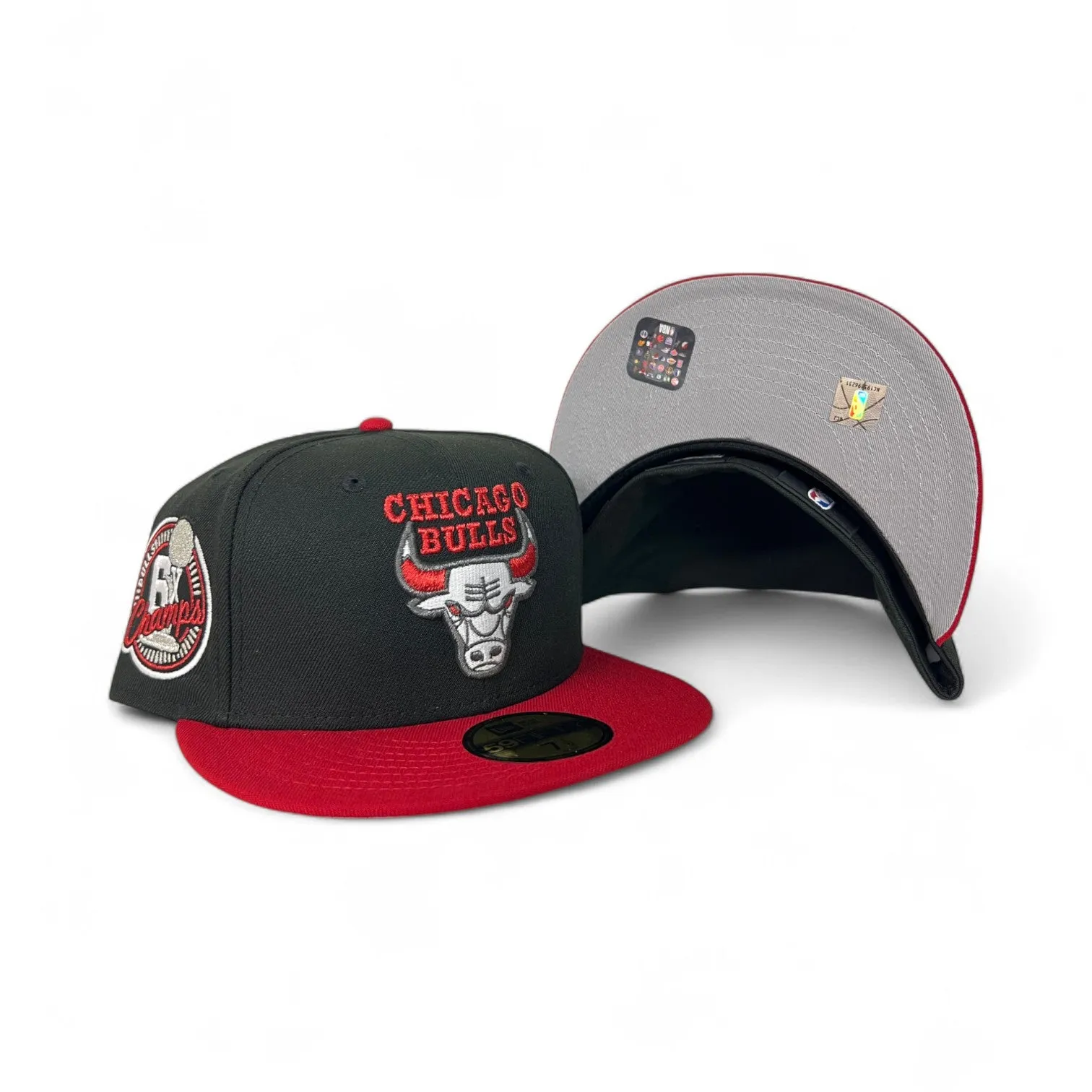 Black Chicago Bulls Red Visor Gray Bottom 6X Champions Side Patch New Era 59Fifty Fitted