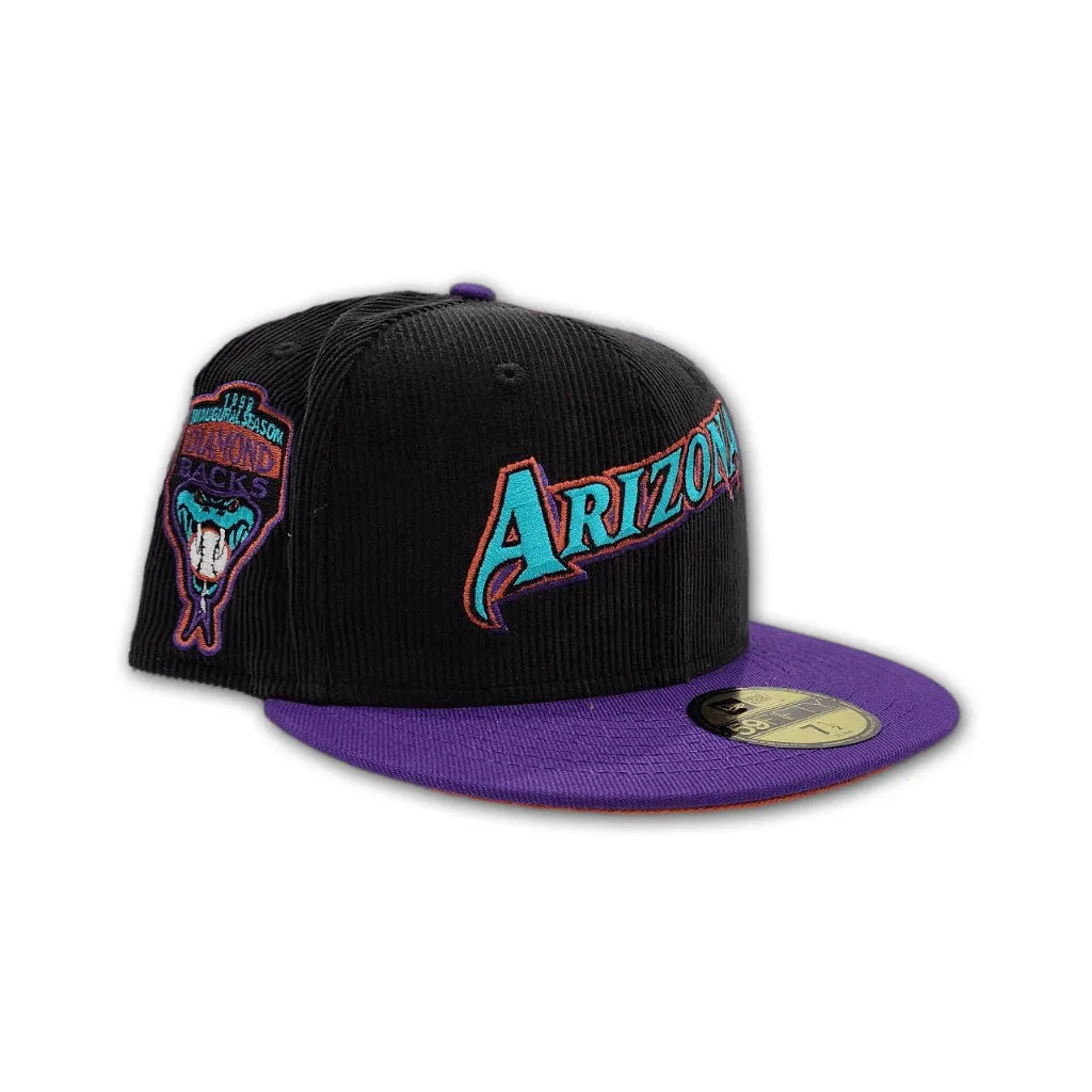 Black Corduroy Arizona Diamondbacks Purple Visor Rust Bottom 1998 Inaugural Season Side Patch New Era 59Fifty Fitted