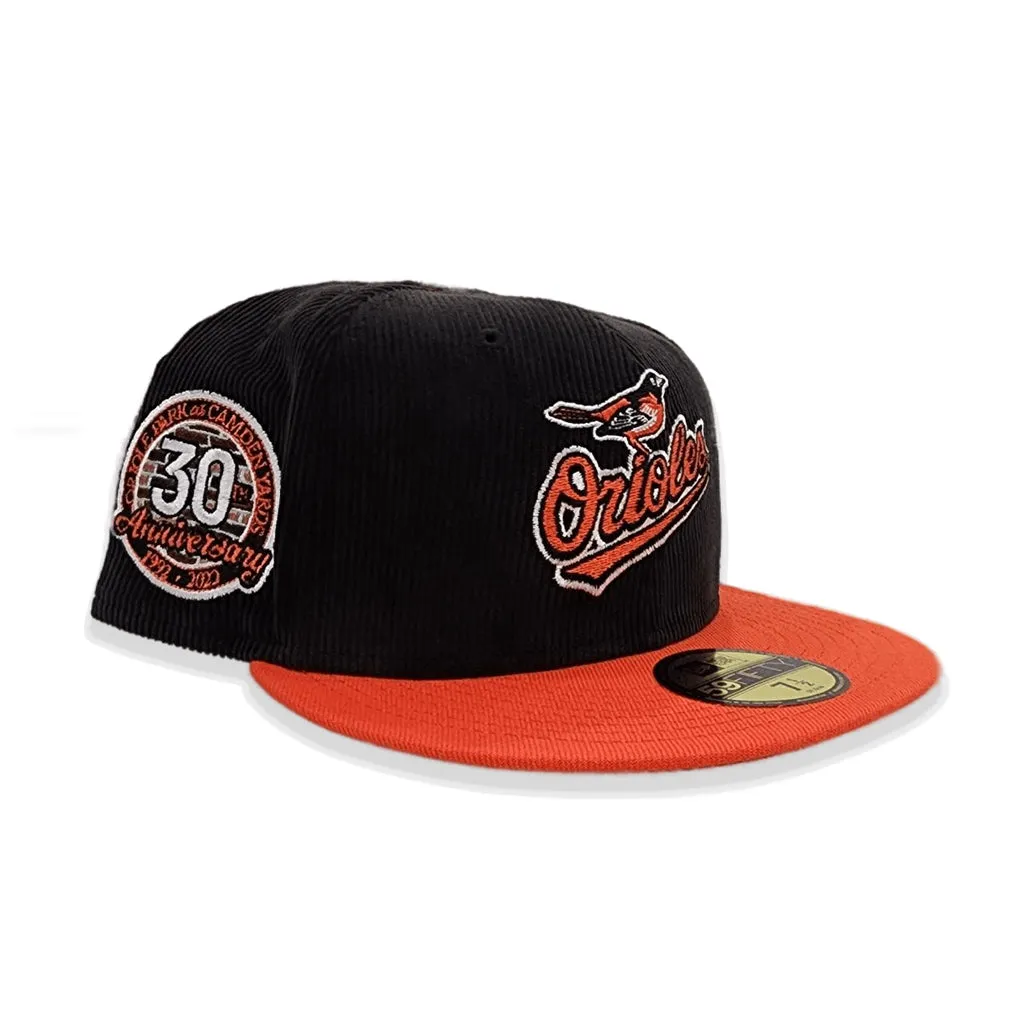 Black Corduroy Baltimore Orioles Orange Visor Gray Bottom 30th Anniversary Side Patch New Era 59Fifty Fitted