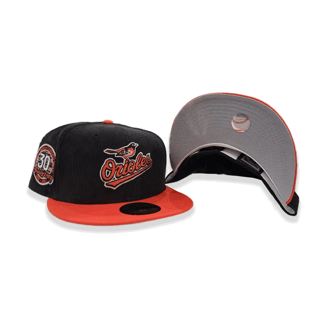 Black Corduroy Baltimore Orioles Orange Visor Gray Bottom 30th Anniversary Side Patch New Era 59Fifty Fitted