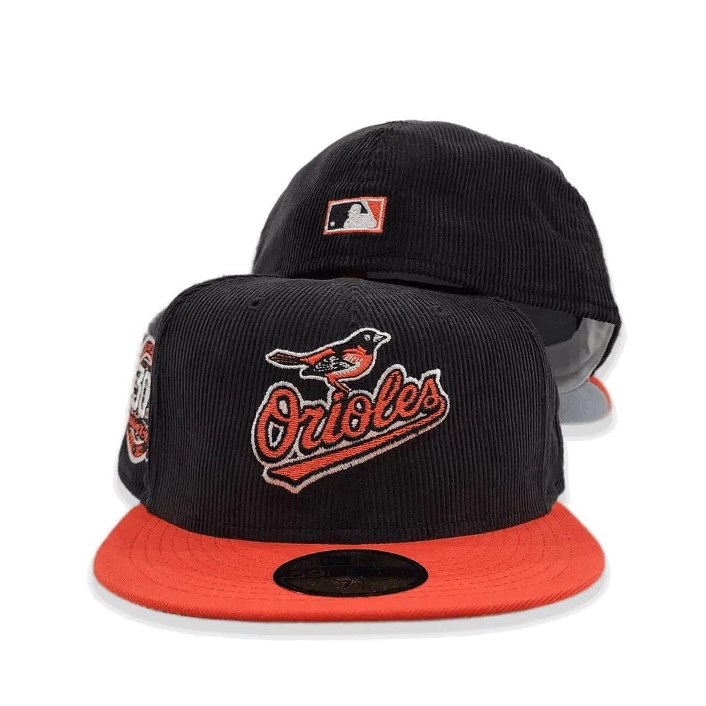 Black Corduroy Baltimore Orioles Orange Visor Gray Bottom 30th Anniversary Side Patch New Era 59Fifty Fitted