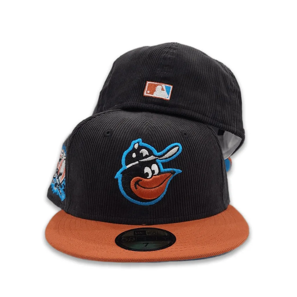 Black Corduroy Baltimore Orioles Rust Visor Cardinal Blue Bottom 50th Anniversary Side Patch New Era 59Fifty Fitted