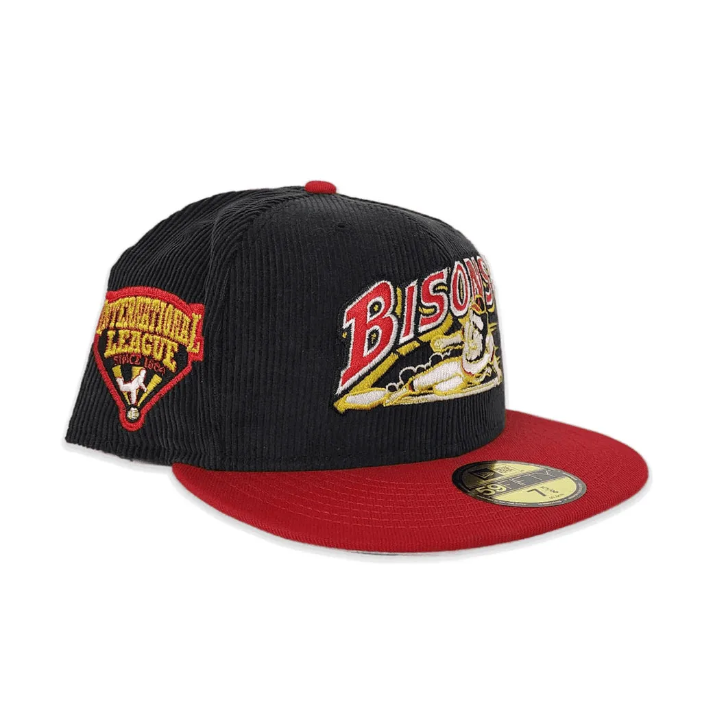 Black Corduroy Buffalo Bison Red Visor Gray Bottom International League Side Patch New Era 59Fifty Fitted
