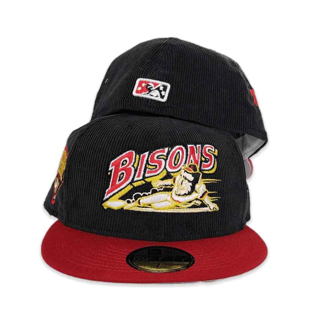 Black Corduroy Buffalo Bison Red Visor Gray Bottom International League Side Patch New Era 59Fifty Fitted