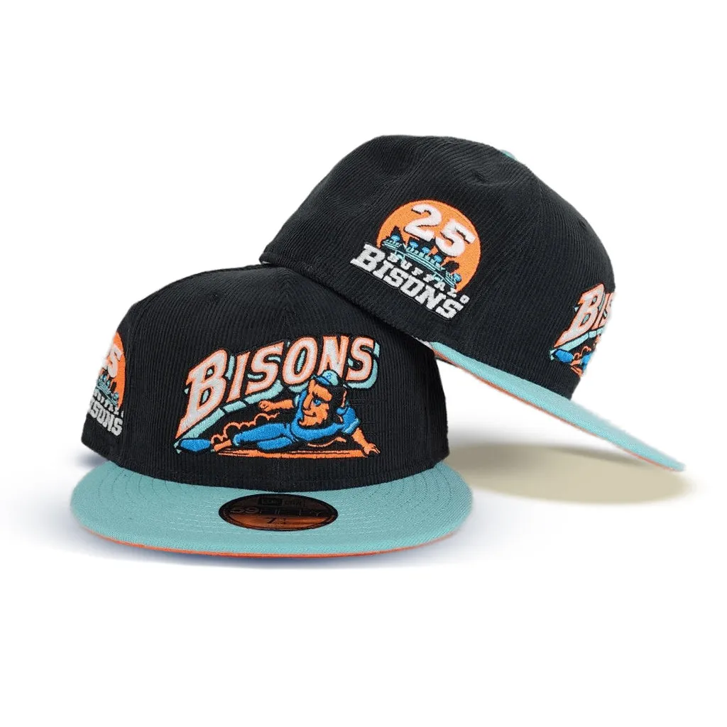 Black Corduroy Buffalo Bisons Blue Tint Visor Orange Bottom 25th Years Side Patch New Era 59Fifty Fitted