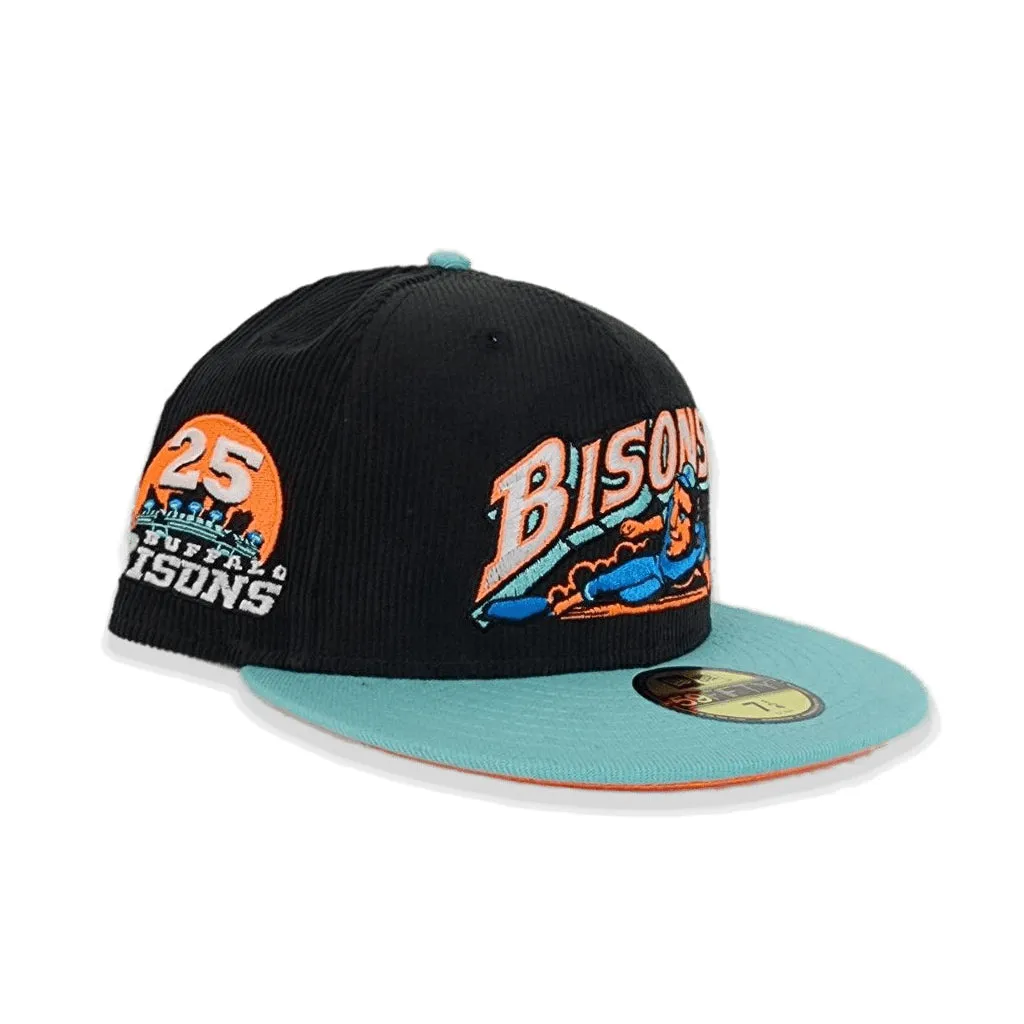 Black Corduroy Buffalo Bisons Blue Tint Visor Orange Bottom 25th Years Side Patch New Era 59Fifty Fitted