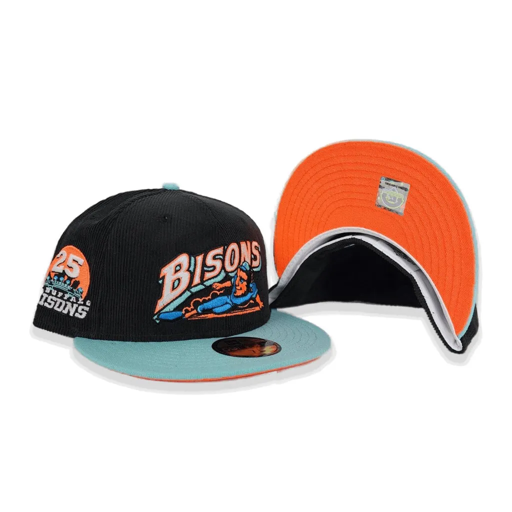 Black Corduroy Buffalo Bisons Blue Tint Visor Orange Bottom 25th Years Side Patch New Era 59Fifty Fitted