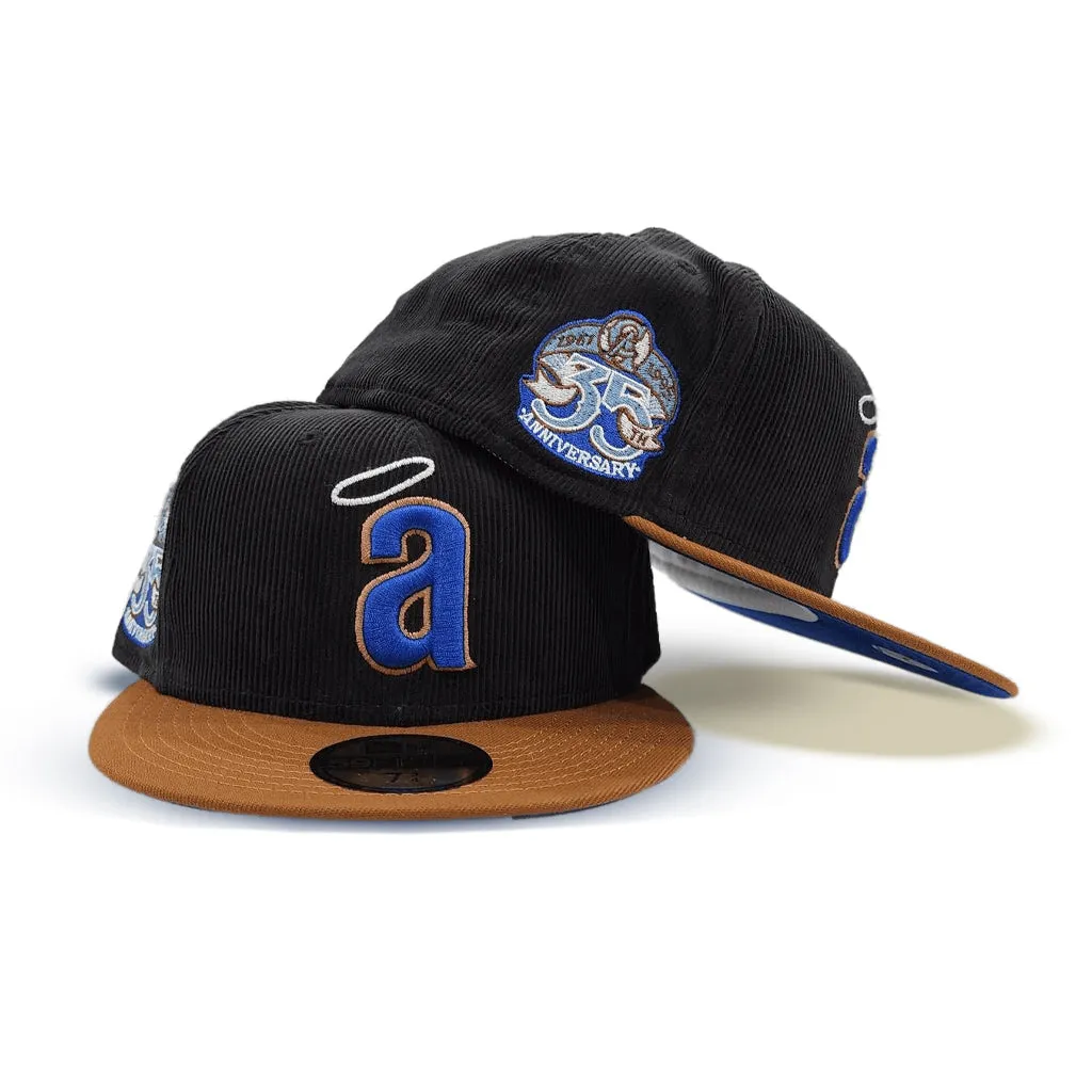 Black Corduroy Calfornia Angels Tan Visor Royal Blue Bottom 35th Anniversary Side Patch New Era 59Fifty Fitted