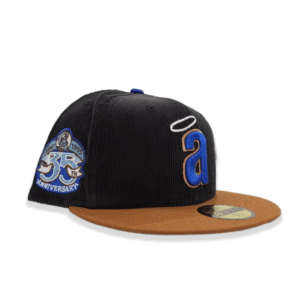 Black Corduroy Calfornia Angels Tan Visor Royal Blue Bottom 35th Anniversary Side Patch New Era 59Fifty Fitted