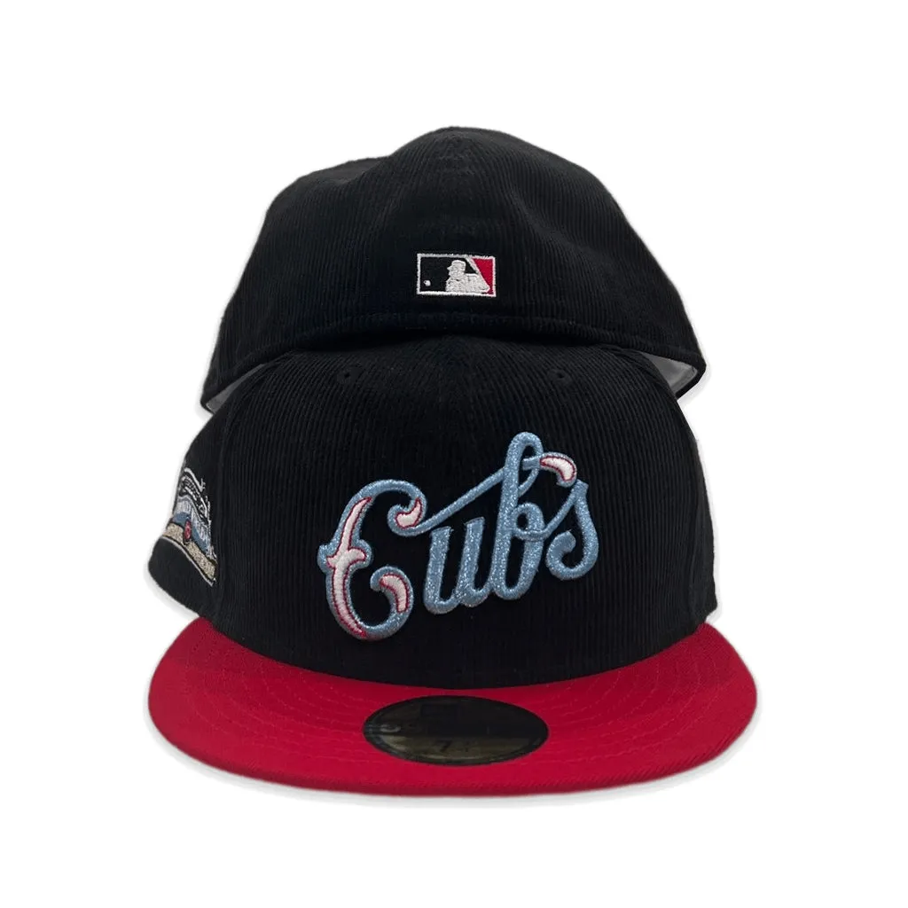 Black Corduroy Chicago Red Visor Gray Bottom Wrigley Field Side Patch New Era 59Fifty Fitted