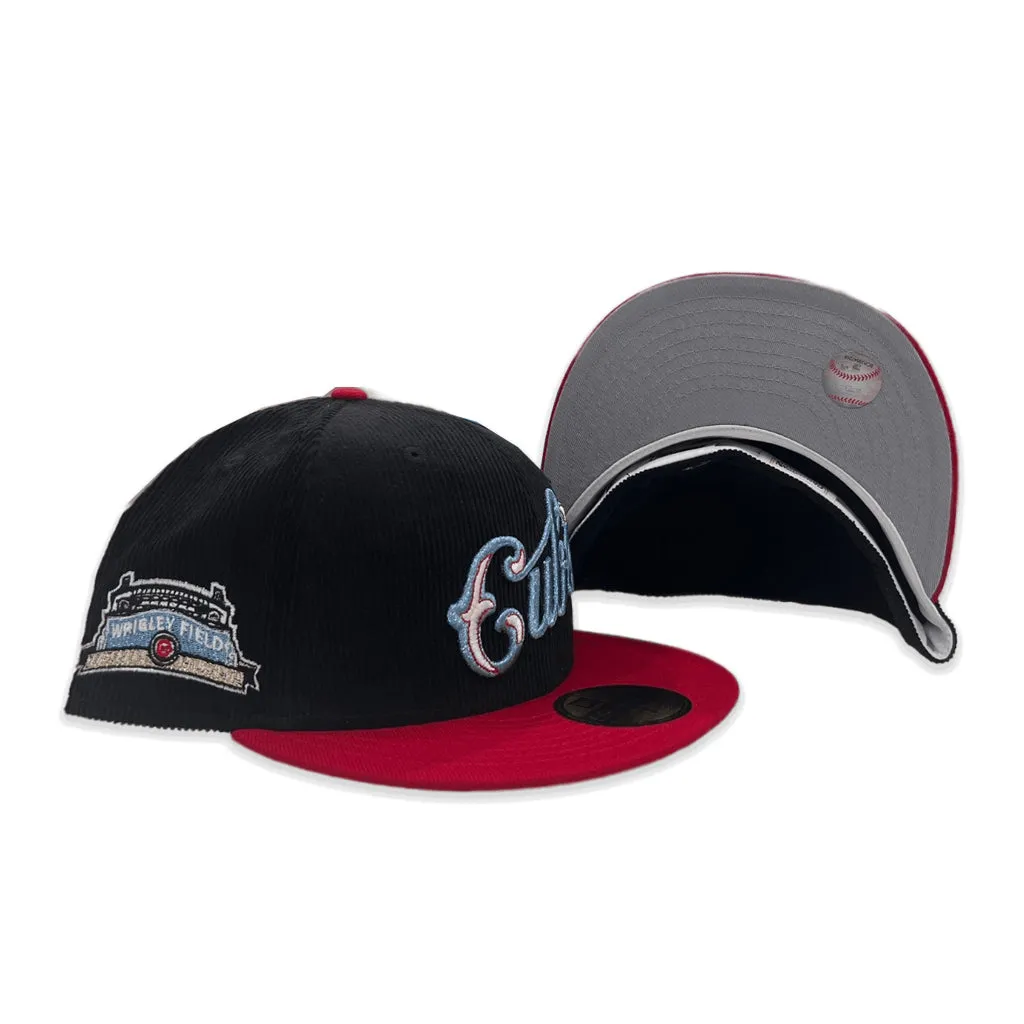 Black Corduroy Chicago Red Visor Gray Bottom Wrigley Field Side Patch New Era 59Fifty Fitted