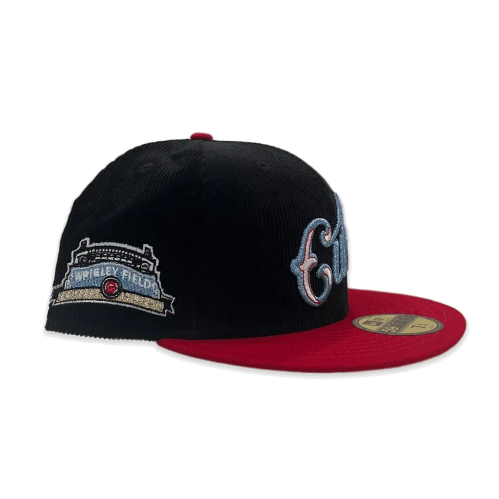 Black Corduroy Chicago Red Visor Gray Bottom Wrigley Field Side Patch New Era 59Fifty Fitted