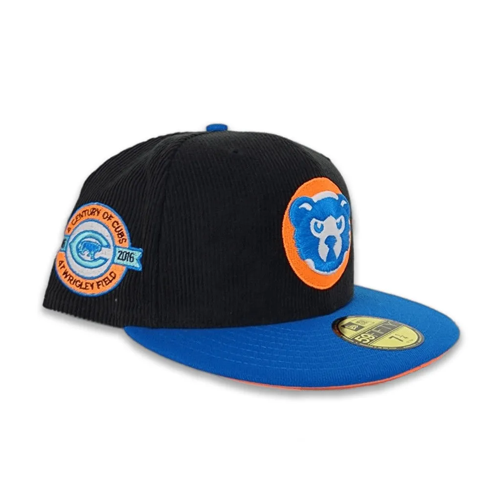 Black Corduroy Glow In the Dark Chicago Cubs Sea Blue Visor Orange Bottom A Century Wrigley Field Side Patch New Era 59Fifty Fitted