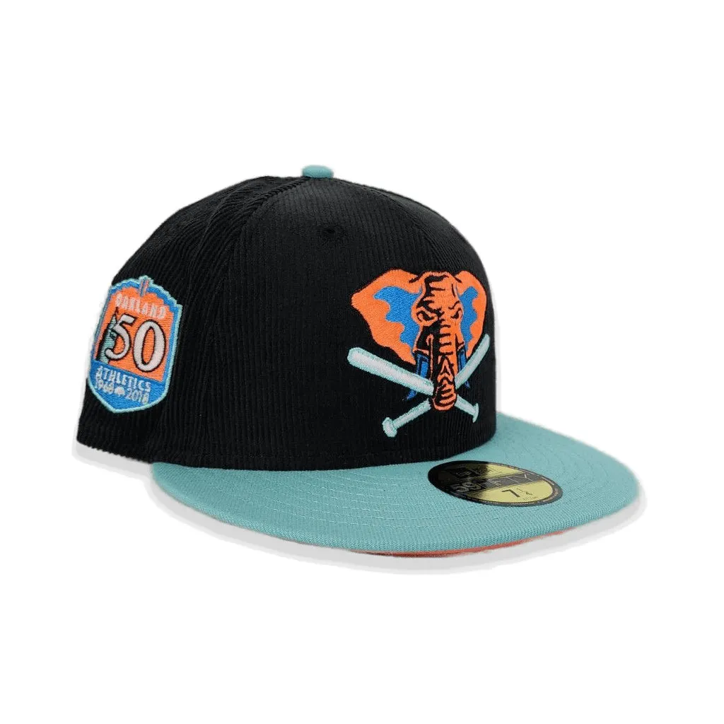 Black Corduroy Glow In The Dark Oakland Athletics Blue Tint Visor Orange Bottom 50th Anniversary Side Patch New Era 59Fifty Fitted