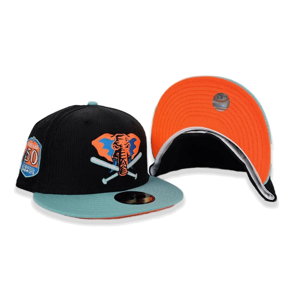 Black Corduroy Glow In The Dark Oakland Athletics Blue Tint Visor Orange Bottom 50th Anniversary Side Patch New Era 59Fifty Fitted