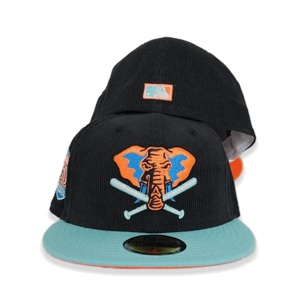 Black Corduroy Glow In The Dark Oakland Athletics Blue Tint Visor Orange Bottom 50th Anniversary Side Patch New Era 59Fifty Fitted
