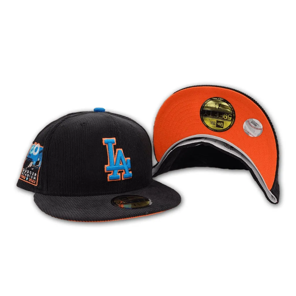 Black Corduroy Los Angeles Dodgers Orange Bottom 60th Anniversary Side Patch New Era 59Fifty Fitted