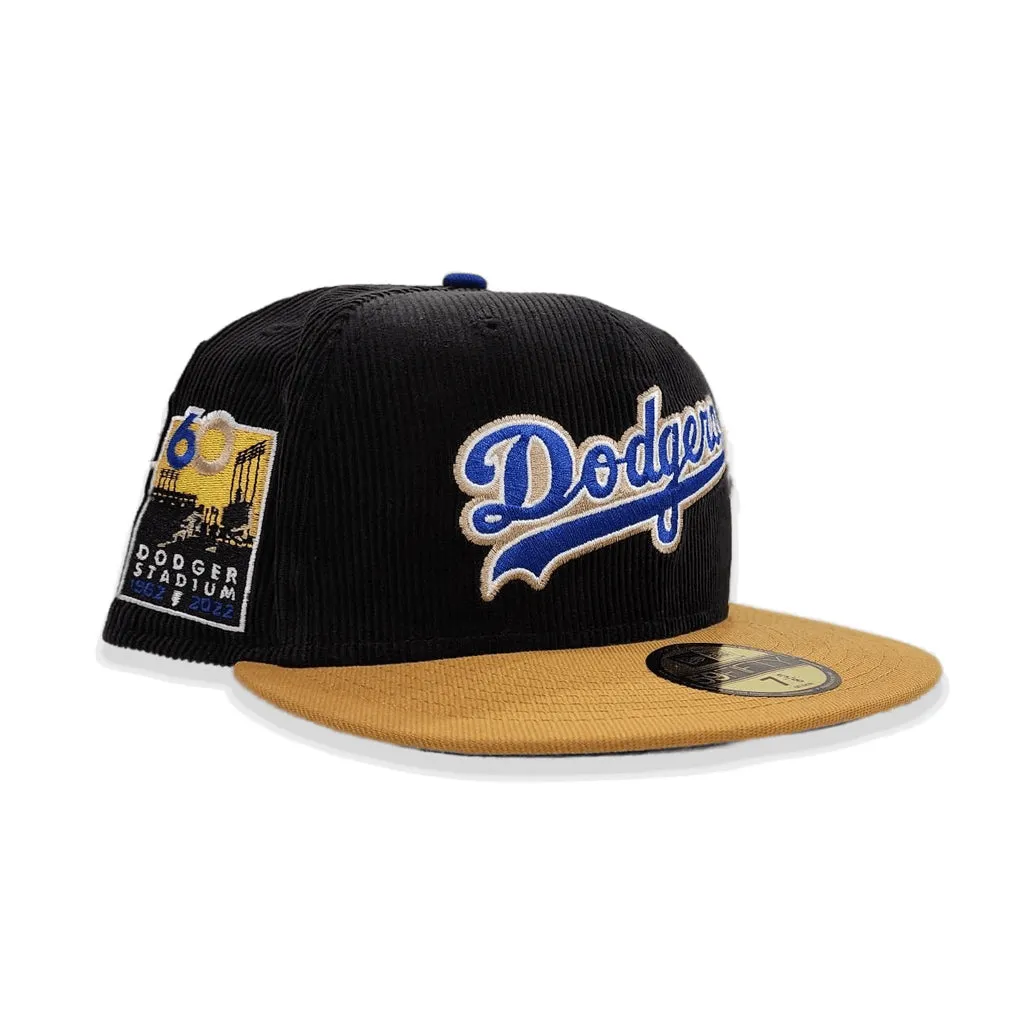 Black Corduroy Los Angeles Dodgers Tan Visor Royal Blue Bottom 60th Anniversary Side Patch New Era 59Fifty Fitted