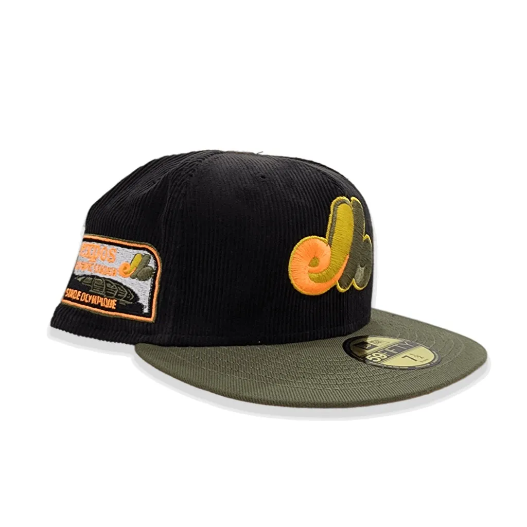 Black Corduroy Montreal Expos Olive Green Visor Orange Bottom Olympic Stadium Side patch New Era 59Fifty Fitted