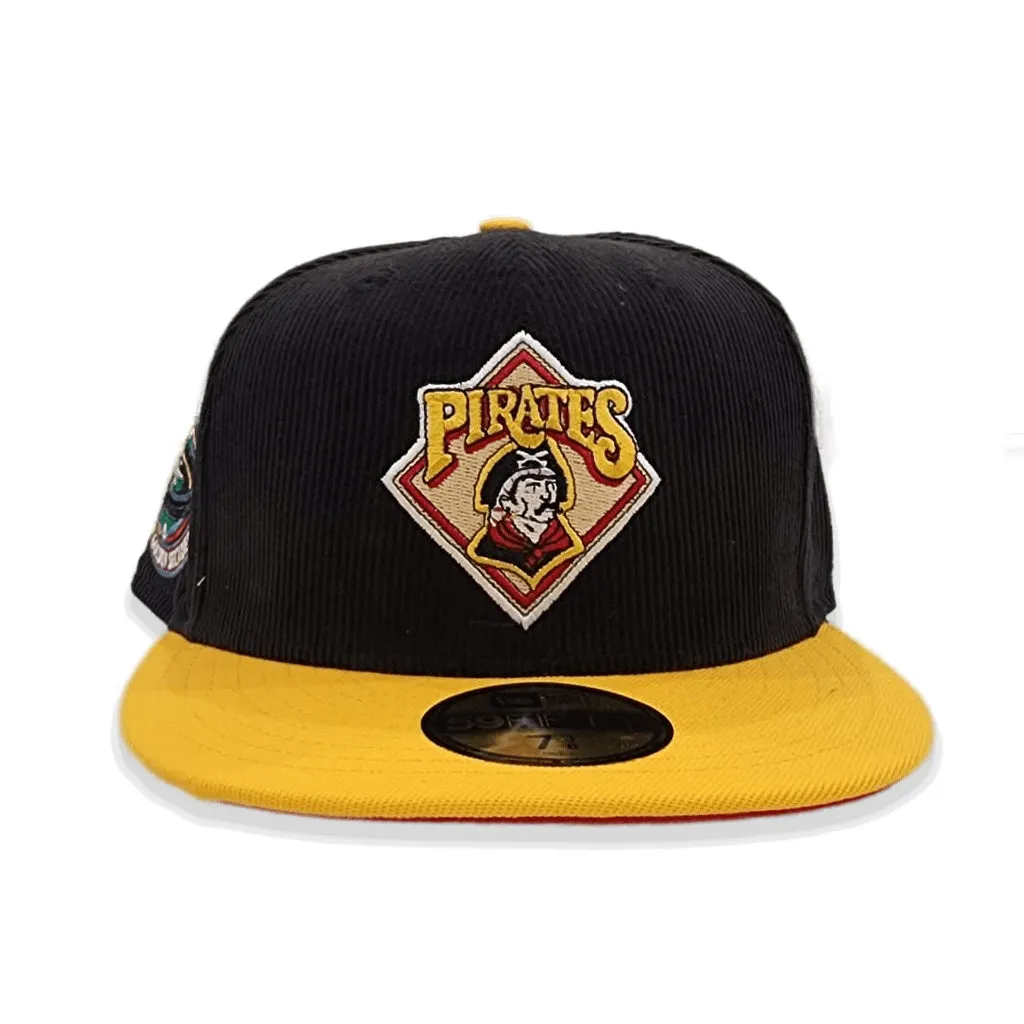 Black Corduroy Pittsburgh Pirates Yellow Visor Red Bottom Three Rivers Stadium Side Patch New Era 59Fifty Fitted