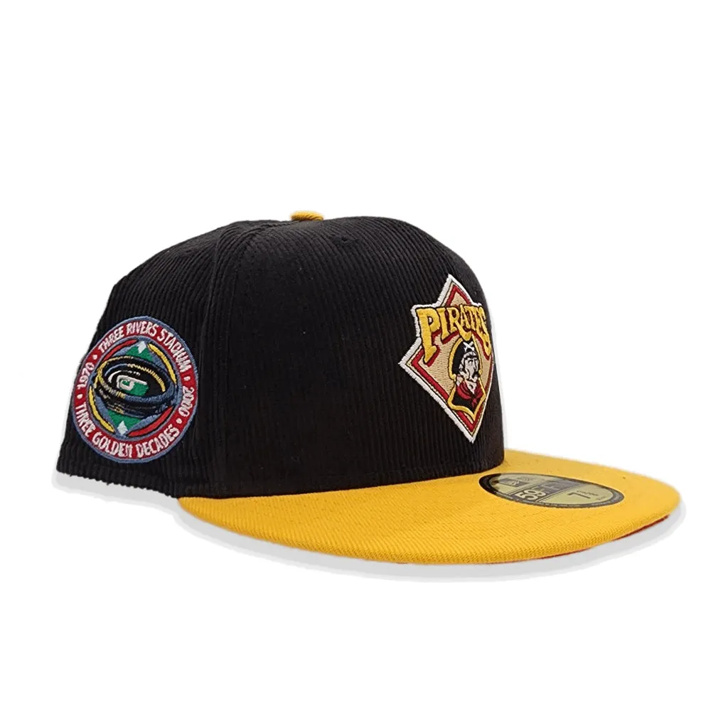Black Corduroy Pittsburgh Pirates Yellow Visor Red Bottom Three Rivers Stadium Side Patch New Era 59Fifty Fitted