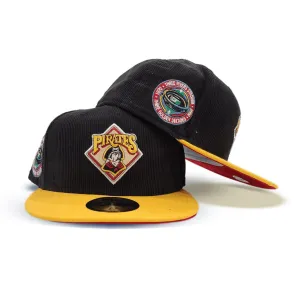 Black Corduroy Pittsburgh Pirates Yellow Visor Red Bottom Three Rivers Stadium Side Patch New Era 59Fifty Fitted