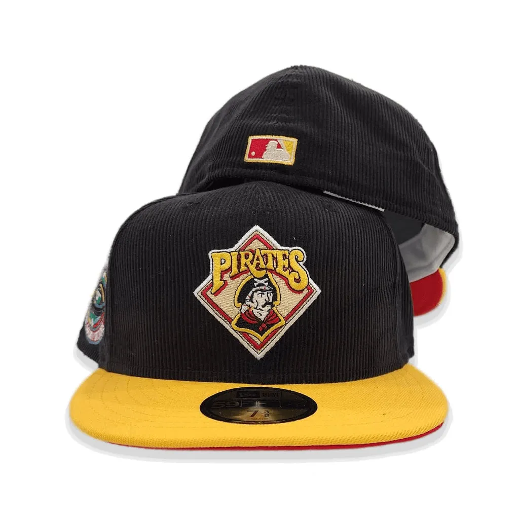 Black Corduroy Pittsburgh Pirates Yellow Visor Red Bottom Three Rivers Stadium Side Patch New Era 59Fifty Fitted