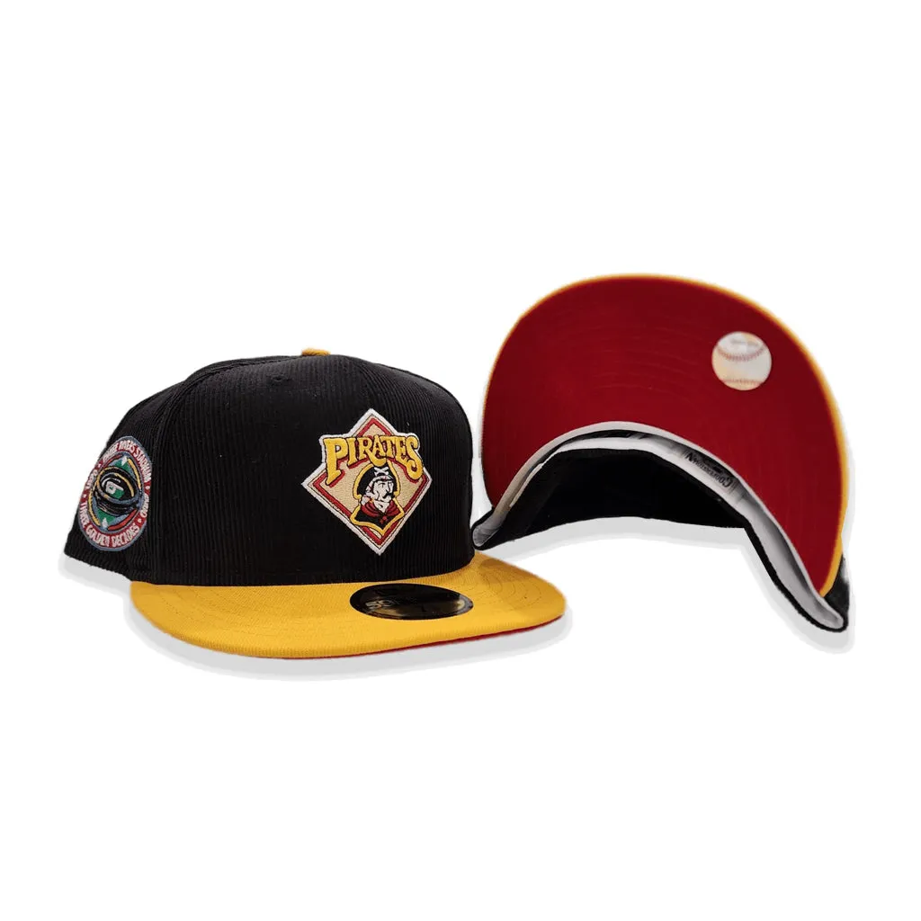 Black Corduroy Pittsburgh Pirates Yellow Visor Red Bottom Three Rivers Stadium Side Patch New Era 59Fifty Fitted