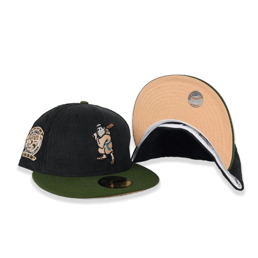 Black Corduroy San Diego Padres Olive Green Visor Peach Bottom 25th Anniversary Side Patch New Era 59Fifty Fitted