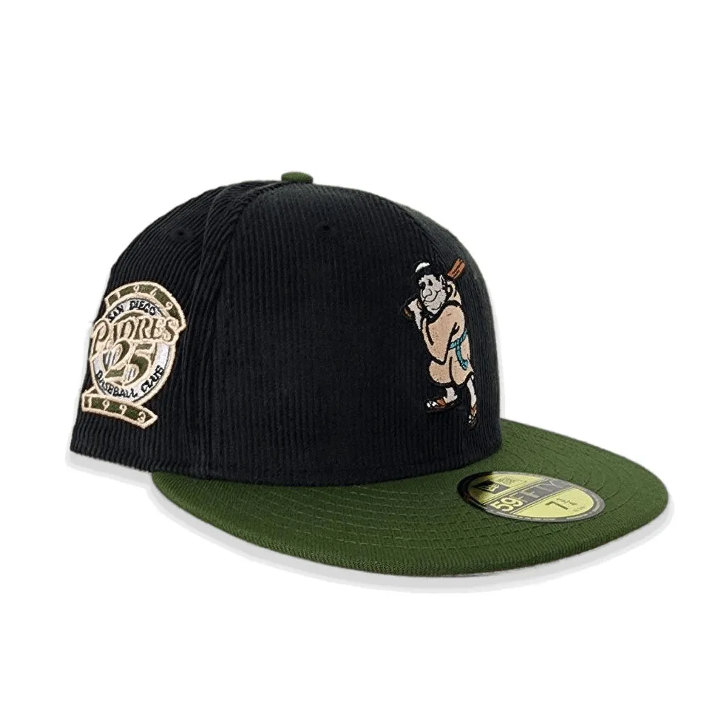 Black Corduroy San Diego Padres Olive Green Visor Peach Bottom 25th Anniversary Side Patch New Era 59Fifty Fitted
