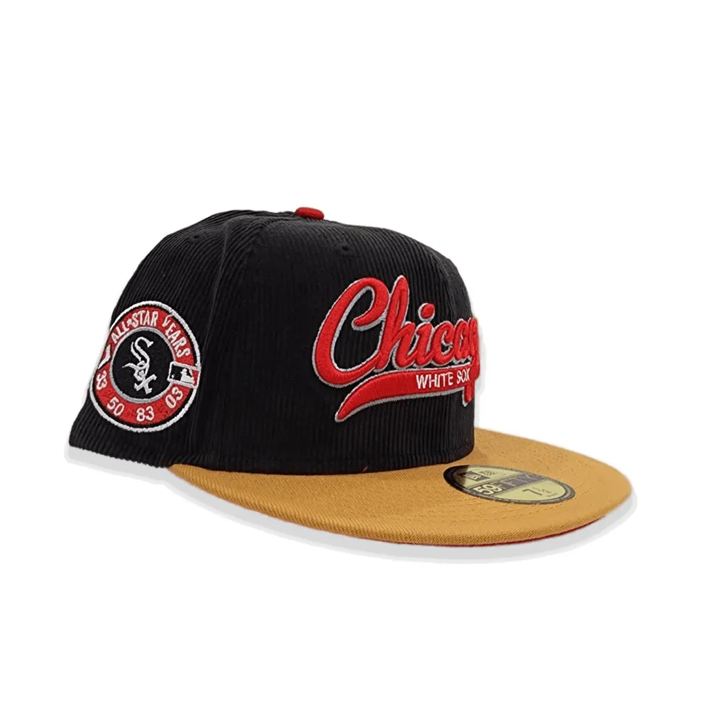 Black Corduroy Script Chicago White Sox Tan Visor Red Bottom All Star Game Side Patch New Era 59Fifty Fitted