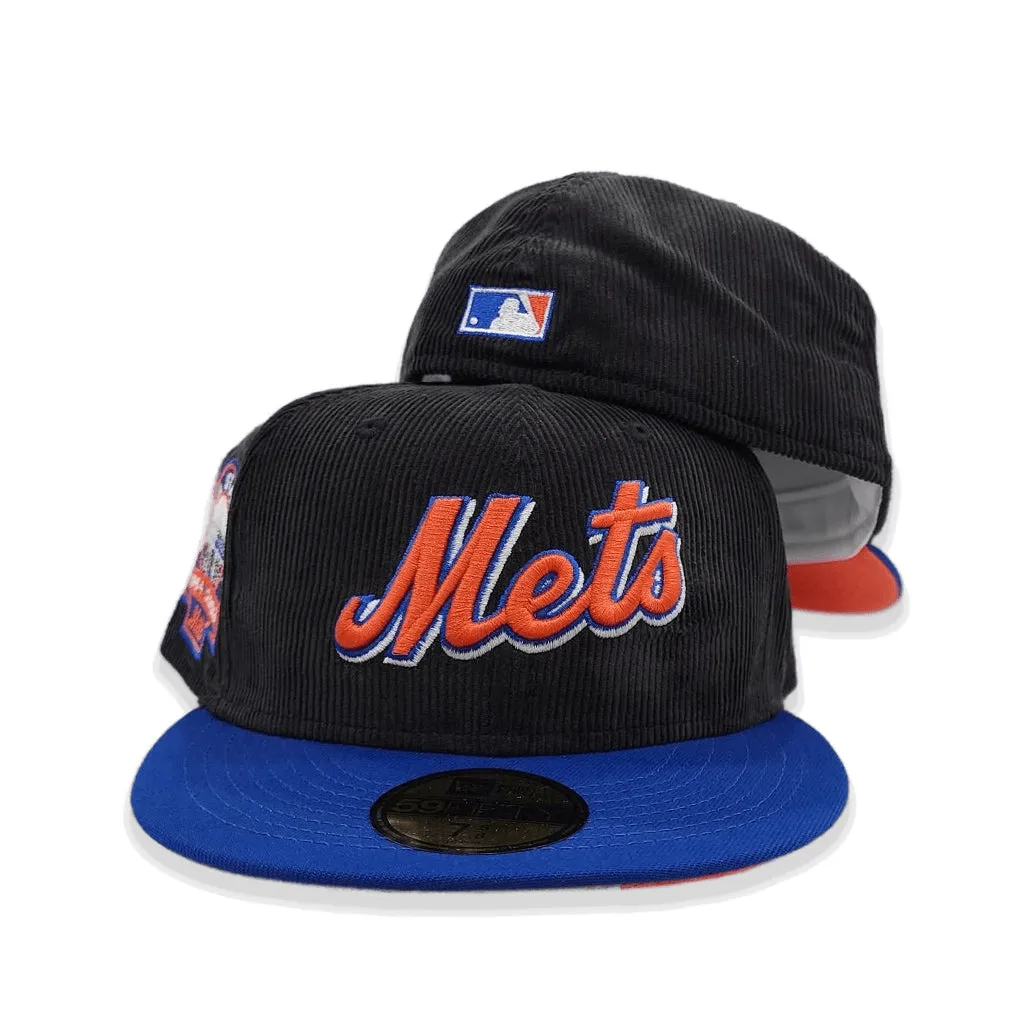 Black Corduroy Script New York Mets Blue Visor Orange Bottom Shea Stadium Side Patch New Era 59Fifty Fitted