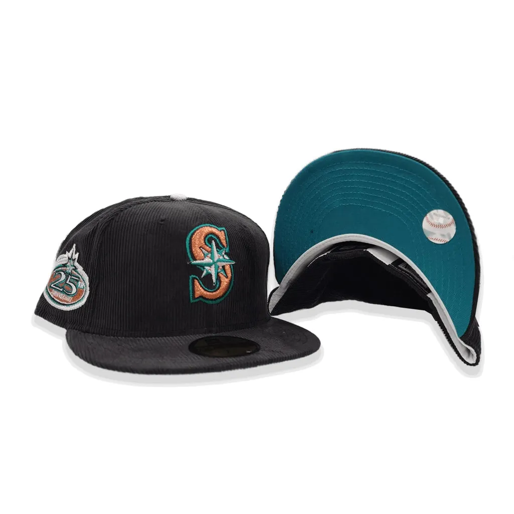 Black Corduroy Seattle Mariners Aqua Bottom 25th Anniversary Side Patch New Era 59Fifty Fitted
