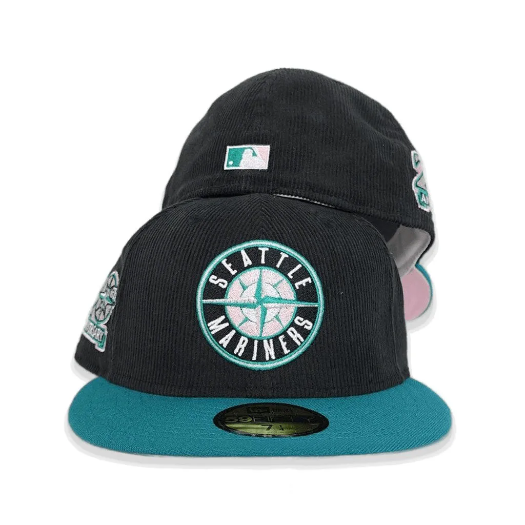 Black Corduroy Seattle Mariners Aqua Visor Pink Bottom 20th Anniversary Side Patch New Era 59Fifty Fitted