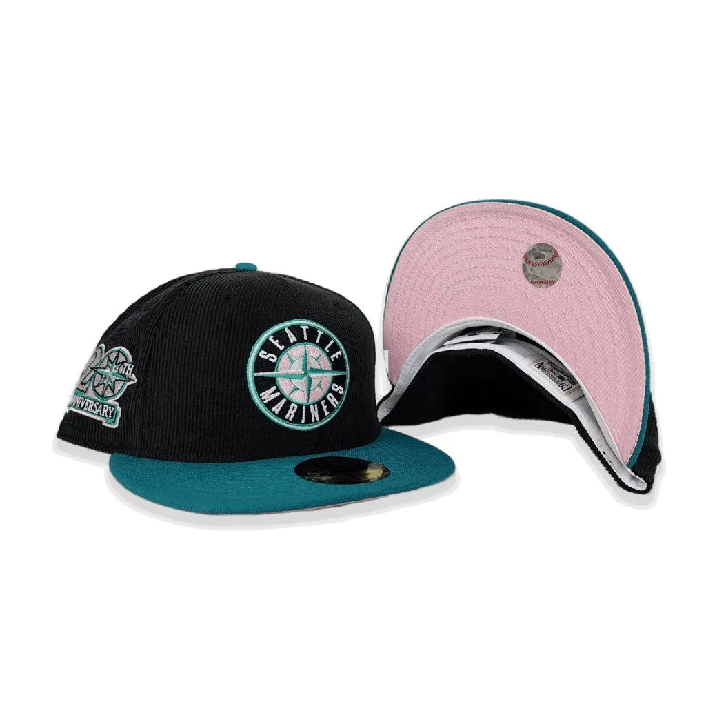 Black Corduroy Seattle Mariners Aqua Visor Pink Bottom 20th Anniversary Side Patch New Era 59Fifty Fitted