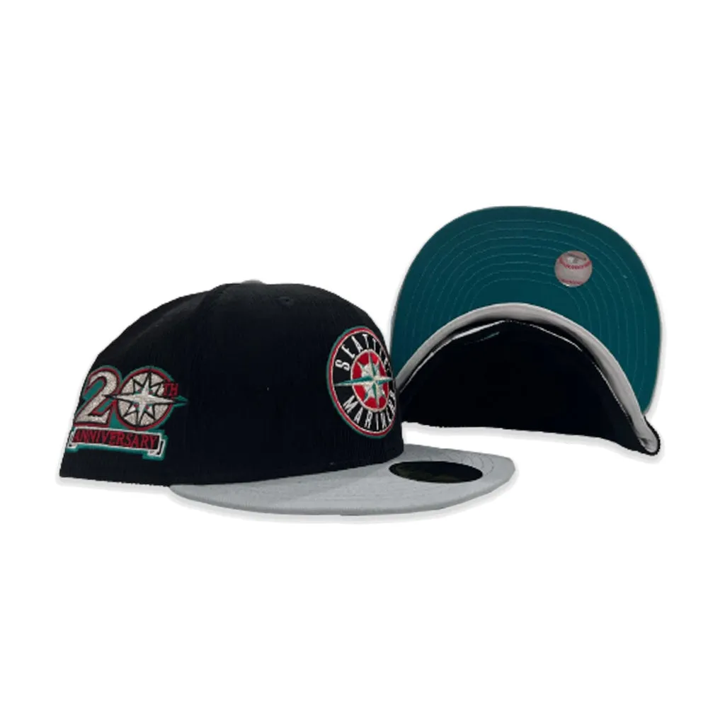 Black Corduroy Seattle Mariners Light Gray Visor Aqua Bottom 20th Anniversary Side Patch New Era 59Fifty Fitted