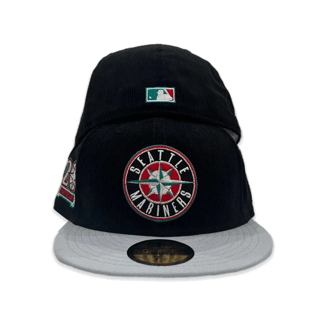 Black Corduroy Seattle Mariners Light Gray Visor Aqua Bottom 20th Anniversary Side Patch New Era 59Fifty Fitted