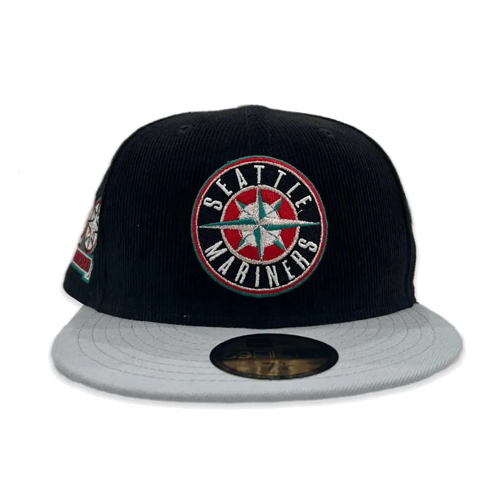 Black Corduroy Seattle Mariners Light Gray Visor Aqua Bottom 20th Anniversary Side Patch New Era 59Fifty Fitted