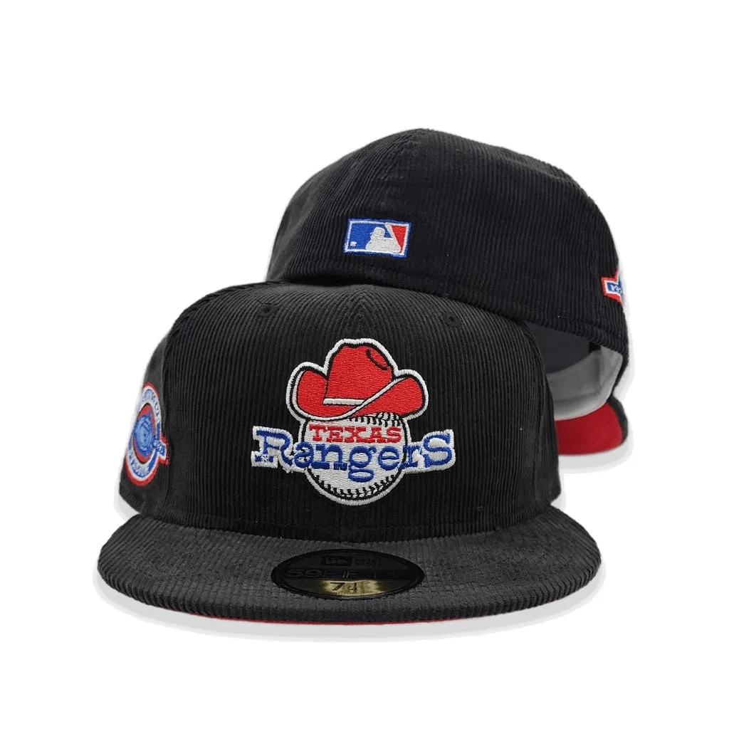 Black Corduroy Texas Rangers Red Bottom Arlington Stadium Side Patch New Era 59Fifty Fitted