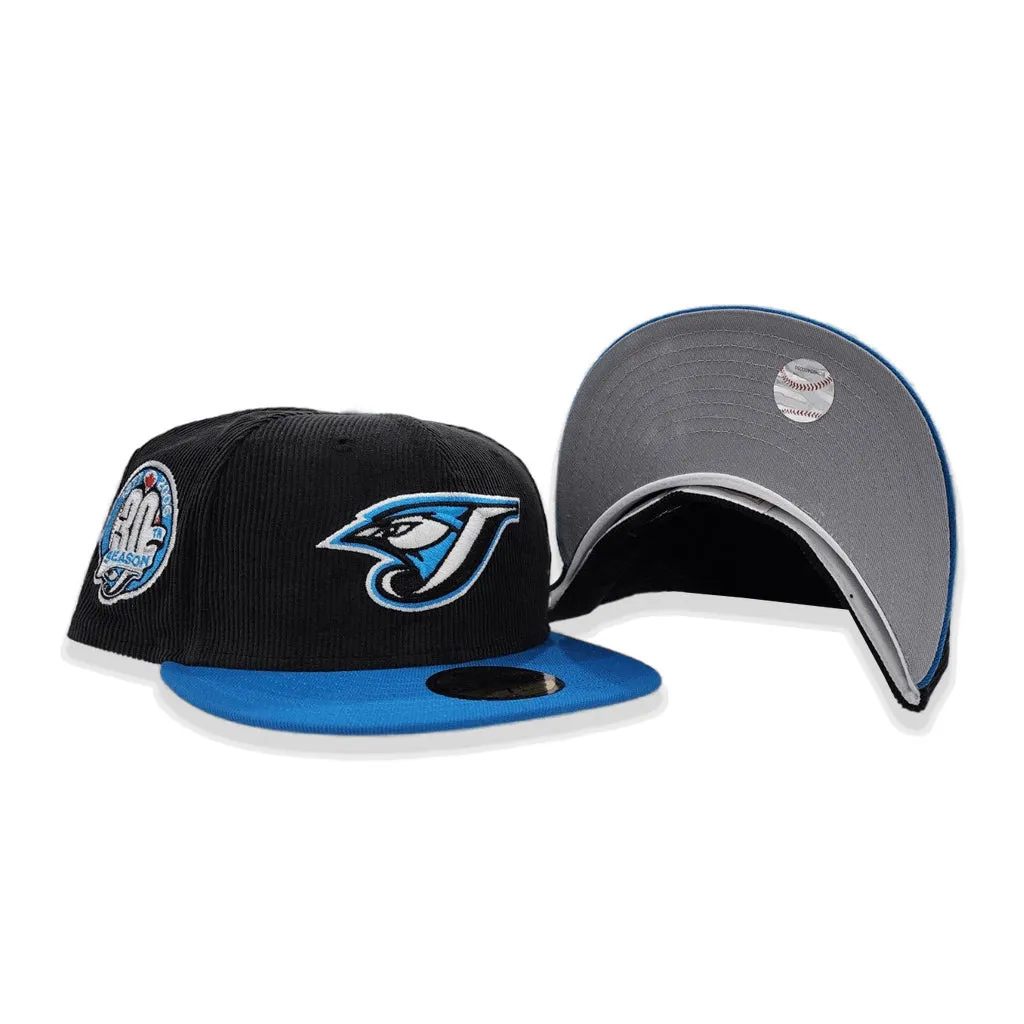 Black Corduroy Toronto Blue Jays Cardinal Blue Visor Gray Bottom 30th Anniversary Side Patch New Era 59Fifty Fitted