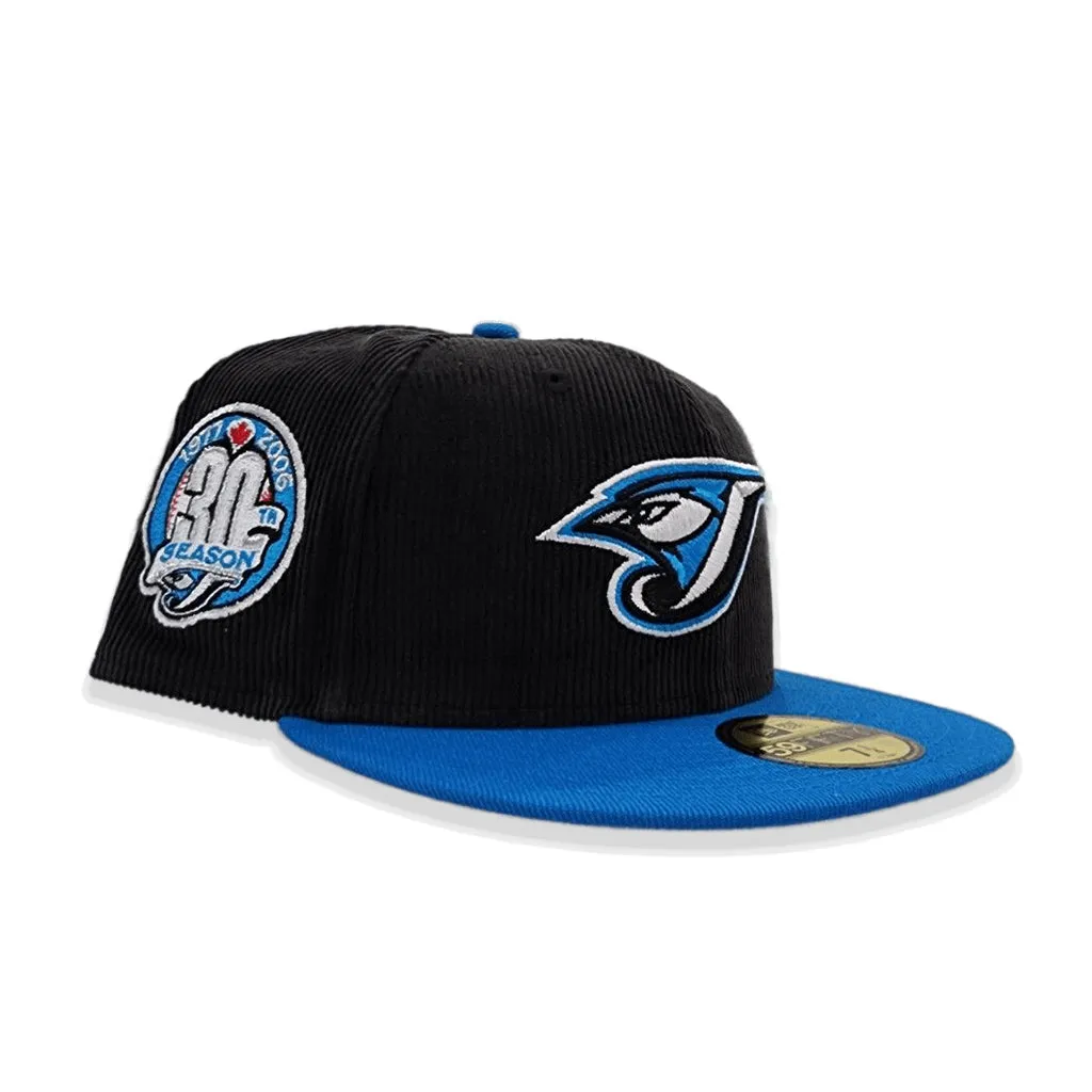 Black Corduroy Toronto Blue Jays Cardinal Blue Visor Gray Bottom 30th Anniversary Side Patch New Era 59Fifty Fitted