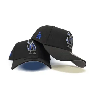 Black Los Angeles Dodgers Blue Flame Logo Curved Brim Gray Bottom LA Side Patch New Era A-Frame 9Fifty Snapback