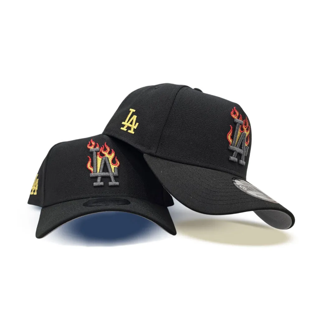 Black Los Angeles Dodgers Gold Flame Logo Curved Brim Gray Bottom LA Side Patch New Era A-Frame 9Fifty Snapback
