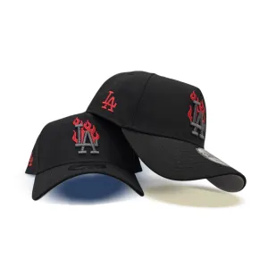 Black Los Angeles Dodgers Red Flame Logo Curved Brim Gray Bottom LA Side Patch New Era A-Frame 9Fifty Snapback