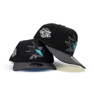 Black San Jose Sharks Dark Gray Curved Brim Gray Bottom 20th Anniversary Side Patch New Era A-Frame 9Fifty Snapback
