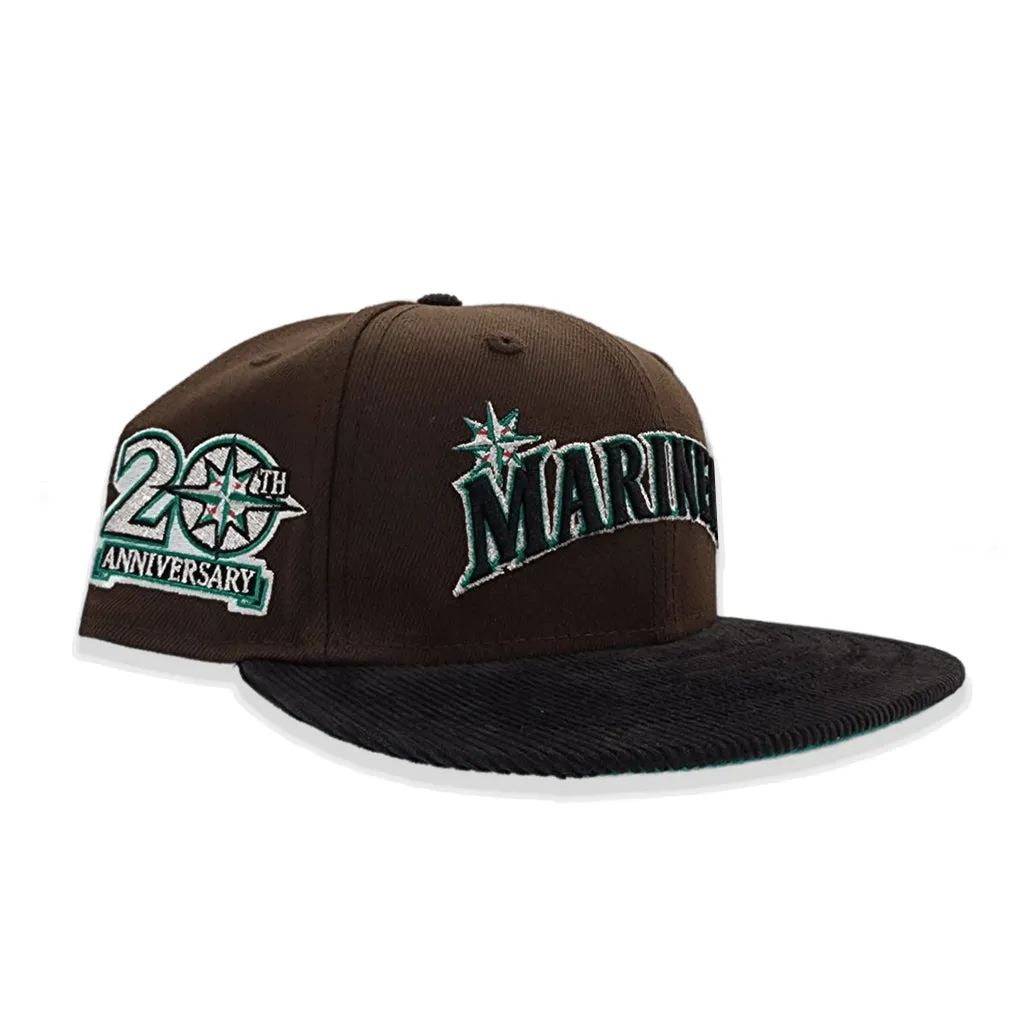 Brown Seattle Mariners Black Corduroy Visor Aqua Bottom 20th Anniversary Side Patch New Era 59Fifty Fitted