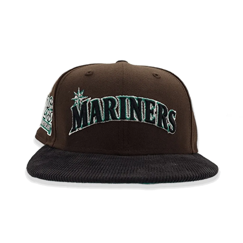 Brown Seattle Mariners Black Corduroy Visor Aqua Bottom 20th Anniversary Side Patch New Era 59Fifty Fitted