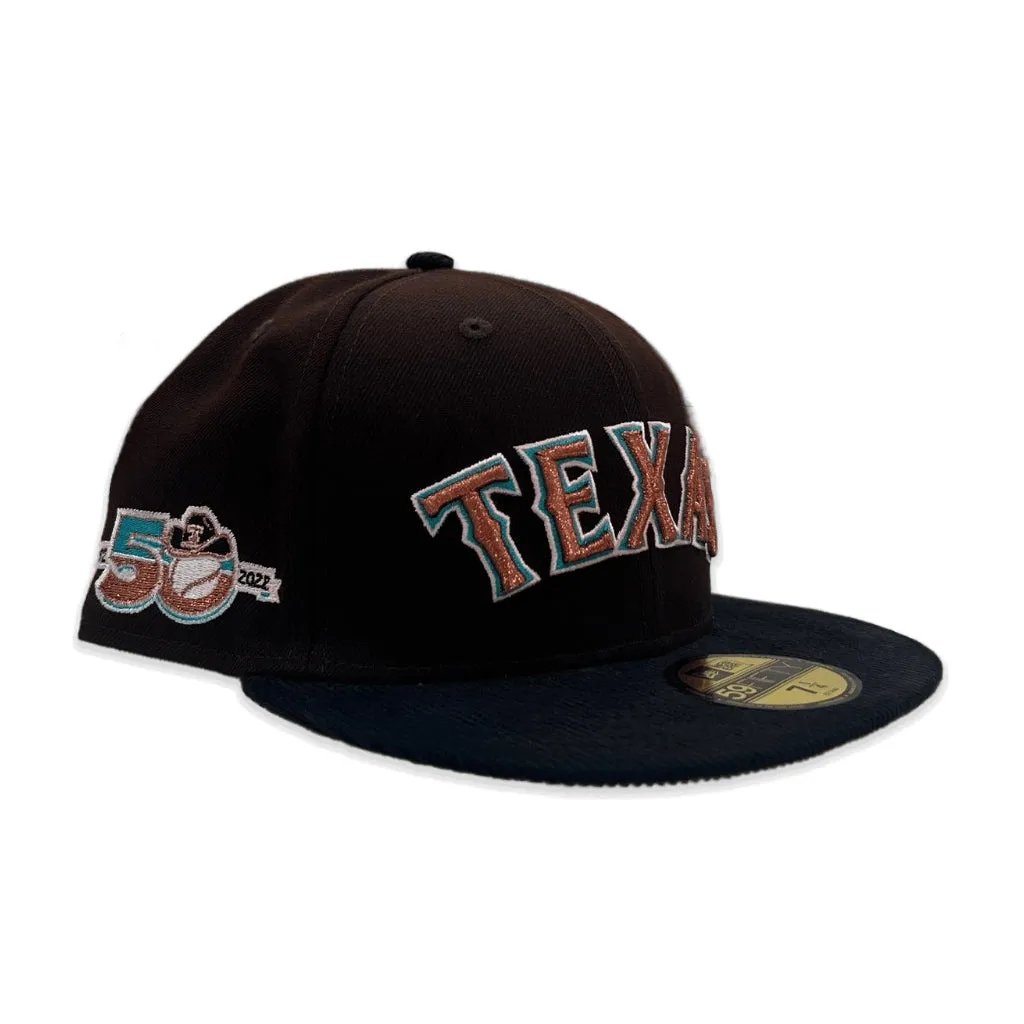 Brown Texas Rangers Black Corduroy Visor Camel Bottom 50th Anniversary Side Patch New Era 59Fifty Fitted