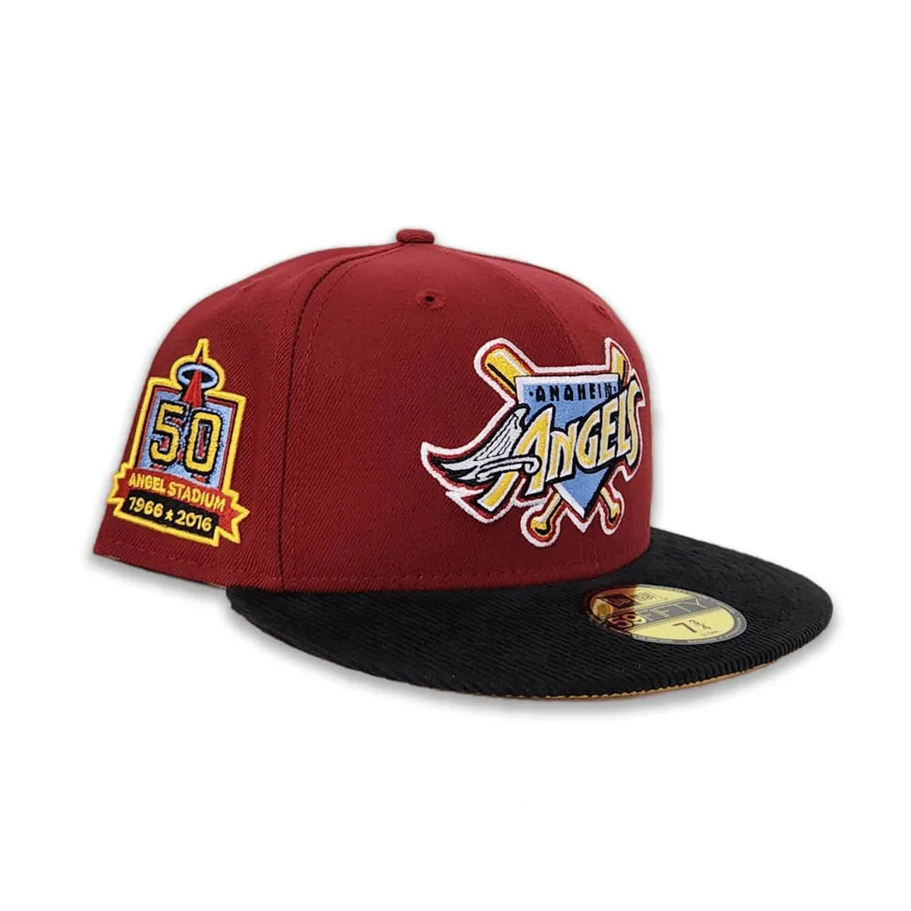 Burgundy Los Angeles Angels Black Corduroy Visor Yellow Bottom 50th Anniversary Side Patch New Era 59Fifty Fitted
